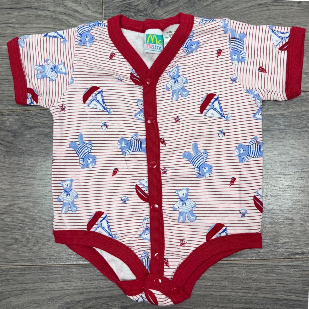 Vintage McBaby Teddy Bear Nautical Sailboat Striped Bodysuit Red Blue 0-3M